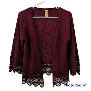 Faded Glory Open Cardigan Women's Sz Small Purple Maroon Crochet Lace Bottom